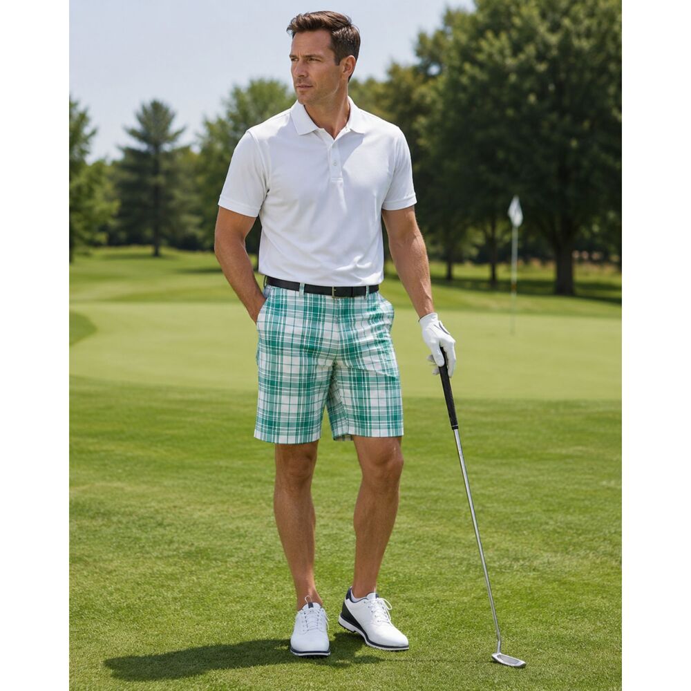 Haggar Golf Shorts Men's Size 38 Green White Plaid Stretch Performance Casual 14
